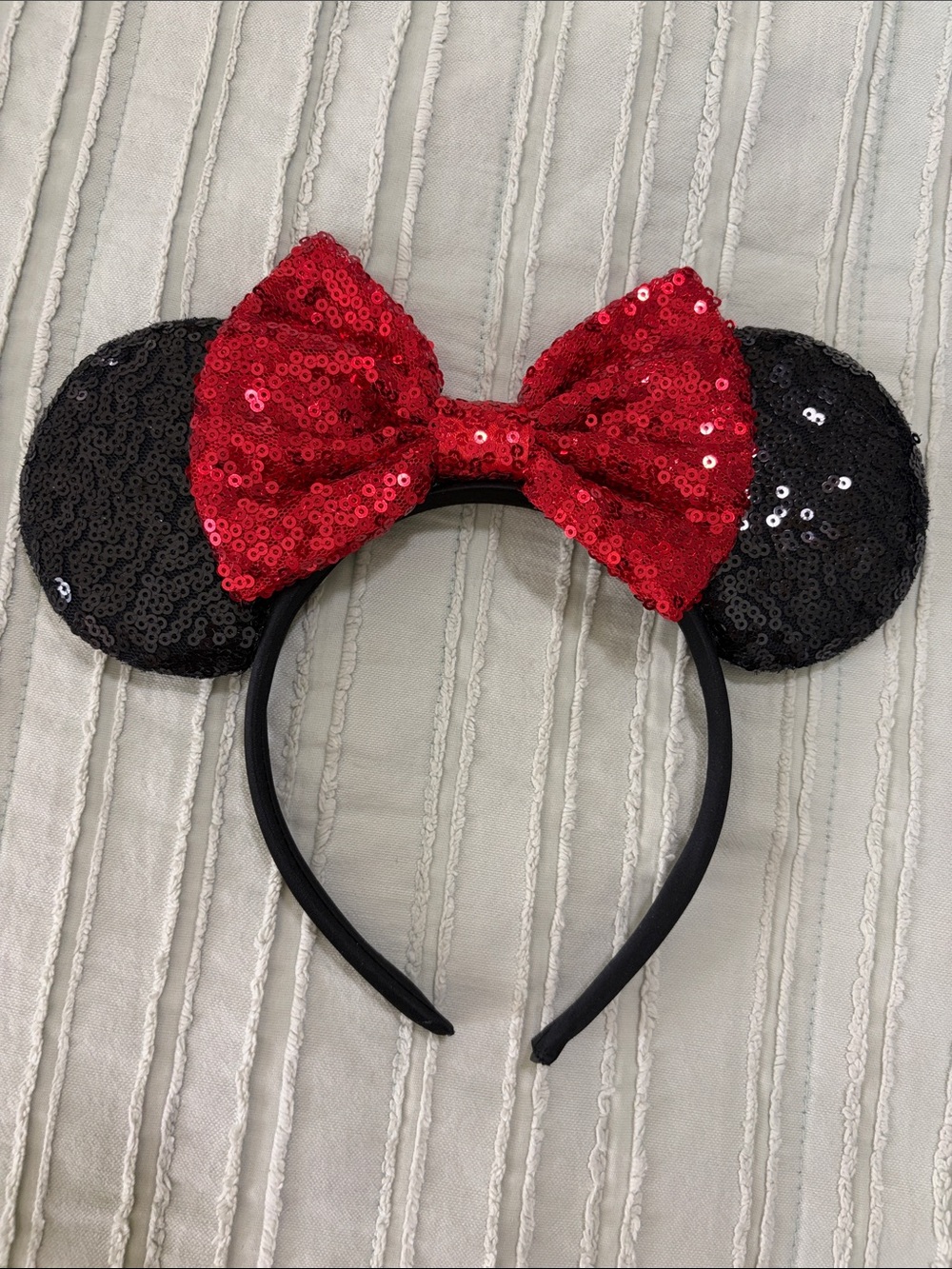 Sequin Minnie Mouse Ear Headband with Red Bow